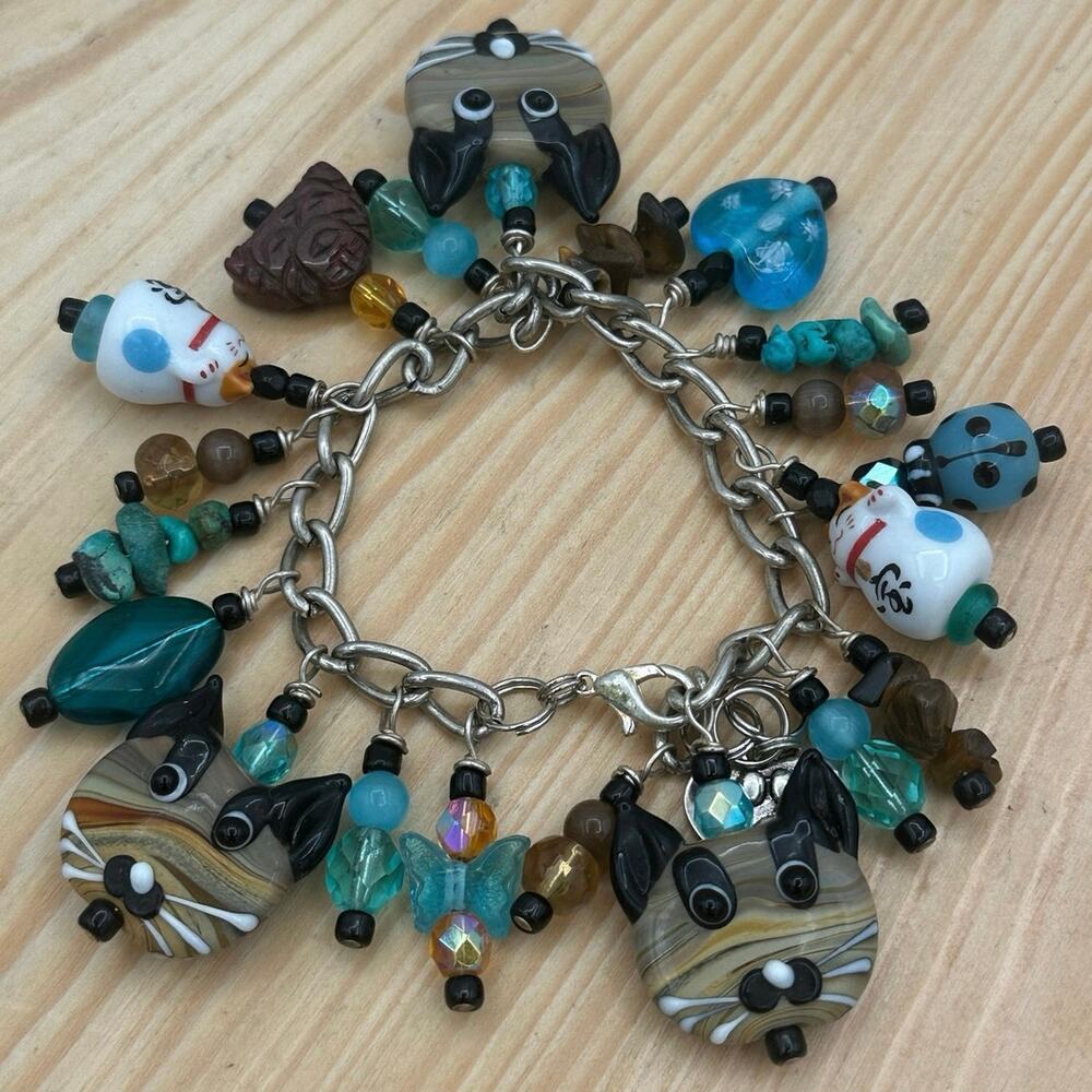 Artisan Lampwork Cat Charm Bracelet Glass Beaded Quirky Cat Lucky Cat
